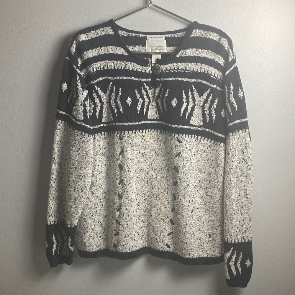 Christopher & Banks Dark Blue and Gray Crew Neck Sweater